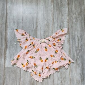 Penelope Project Pink Plaid Flounce Crop Top Pinapples Short Flutter Sleeve Sz S